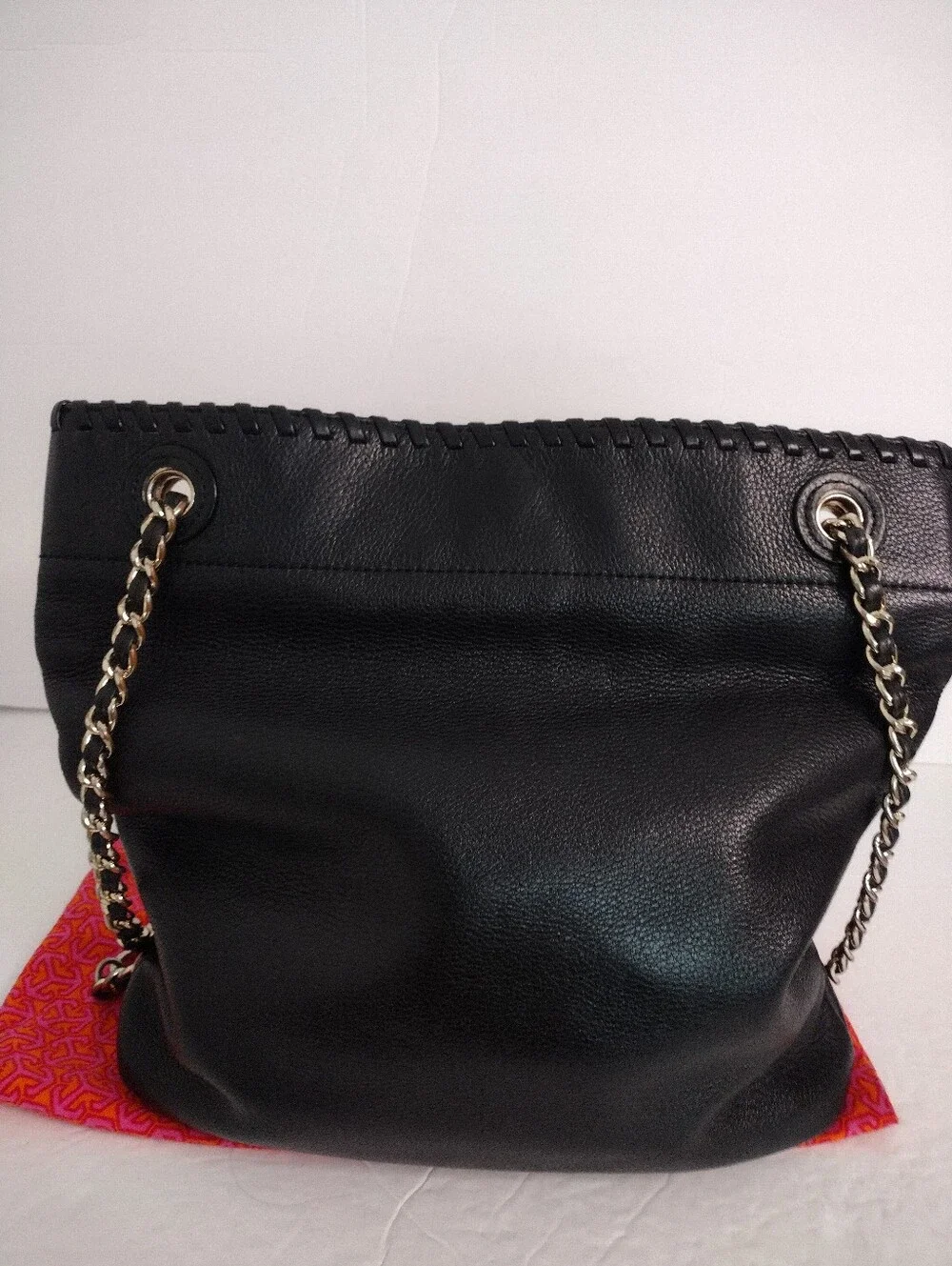 Tory Burch Marion Black Leather Slouchy Tote Hobo Chain Whipstitch W Dust Bag